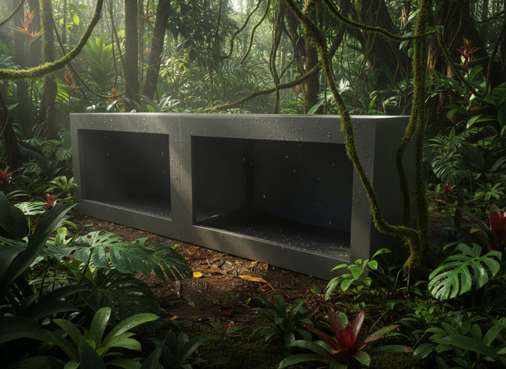 Black rectangular box with two compartments on a wooden surface in a workshop setting