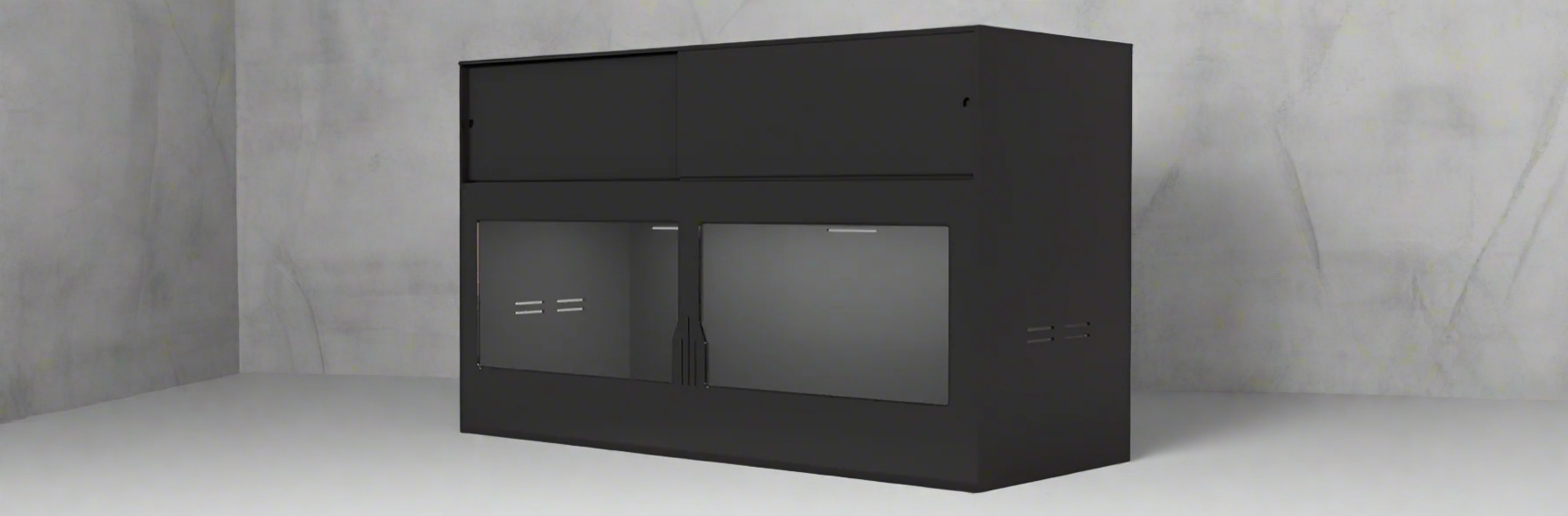Black rectangular object with a reflective surface on a gray background